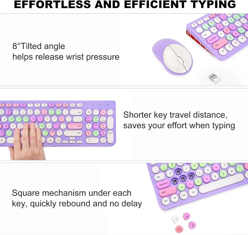 GUKJOB Wireless Keyboard and Mouse Combo, Retro Typewriter Keyboard with Round Keycaps, 2.4GHz USB Cute Wireless Keyboard Mouse for Computer, Desktop, Laptop (Purple Colorful) - Image 4